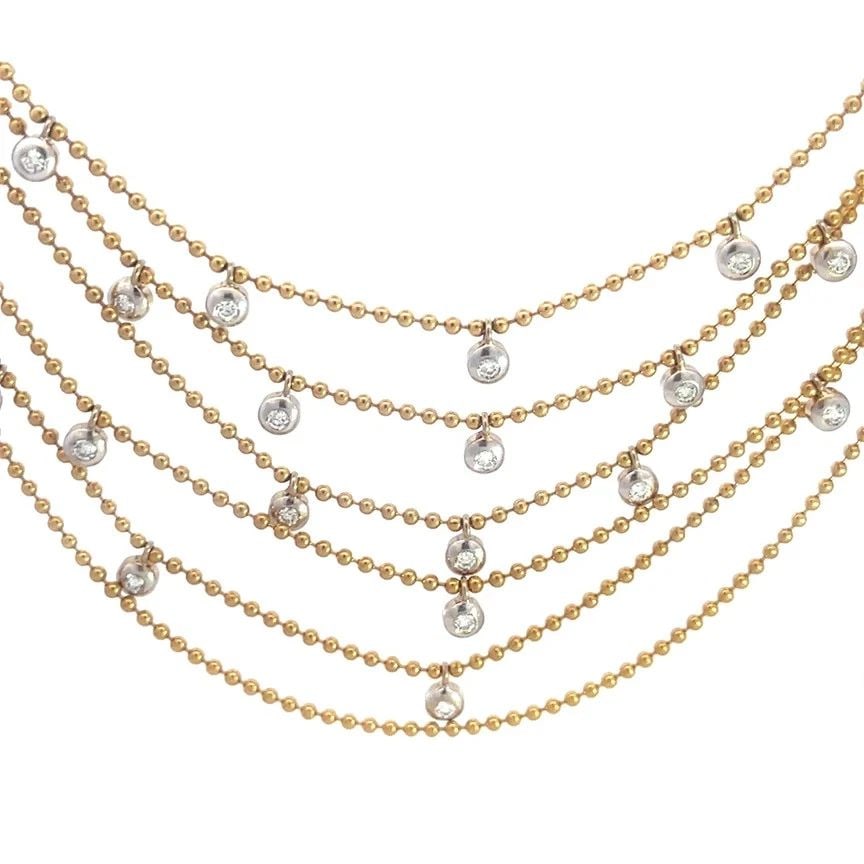 DIAMOND GOLD BIB NECKLACE 18K TWO TONE BEADED 6 STRANDS DOT MOTIFS: DIAMOND GOLD BIB NECKLACE 18K TWO TONE BEADED 6 STRANDS DOT MOTIFS This beautiful evening attire necklace features 6 strands of yellow gold fine bead chain in layers, the front center has white gold d