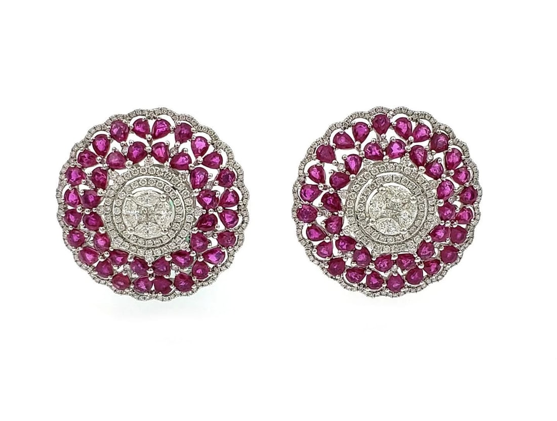 ESTATE 16.64CT DIAMOND RUBY 18K WHITE GOLD LARGE FLORAL POST CLIP EARRINGS (1 of 2)