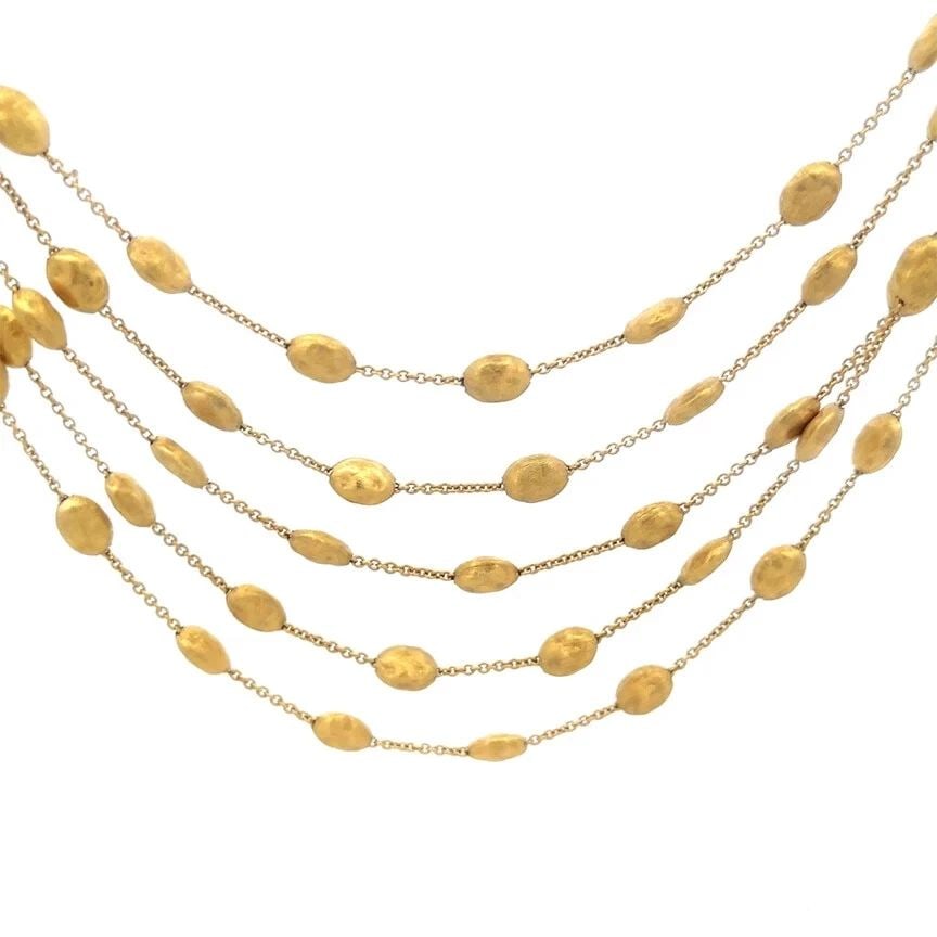MARCO BICEGO SIVIGLIA GOLD NECKLACE 5 STRAND 18K YELLOW BEADED STYLE: MARCO BICEGO SIVIGLIA GOLD NECKLACE 5 STRAND 18K YELLOW BEADED STYLE From his Siviglia Collection, this is Marco Bicego authentic 5 strand satin finish beaded necklace. It is crafted from 18k yellow f