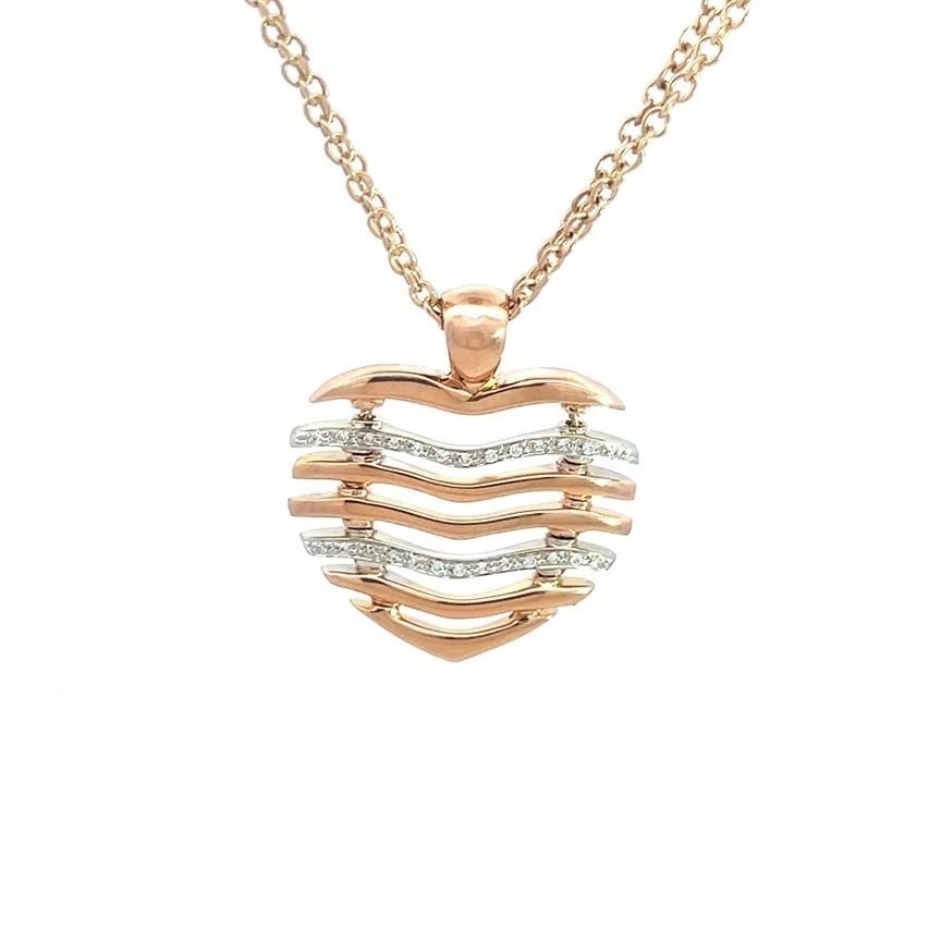 ROBERTO COIN GOLD HEART NECKLACE DIAMOND PAVE 18K PINK WAVE STYLE W/CHAIN: ROBERTO COIN GOLD HEART NECKLACE DIAMOND PAVE 18K PINK WAVE STYLE W/CHAIN This charming Roberto Coin Heart pendant and chain necklace is a stunning piece of fine jewelry featuring 18k pink gold flexib