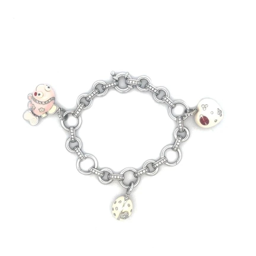 AARON BASHA DIAMOND GOLD BRACELET ENAMEL 18K WHITE 3 DANGLE CHARMS: AARON BASHA DIAMOND GOLD BRACELET ENAMEL 18K WHITE 3 DANGLE CHARMS AARON BASHA DIAMOND GOLD BRACELET ENAMEL 18K WHITE 3 DANGLE CHARMS Authentic and adorable from designer Aaron Basha, this charming di