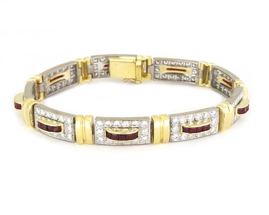 DIAMOND RUBY BRACELET 18K GOLD RECTANGLE BAR SECTION LINKS (1 of 2)