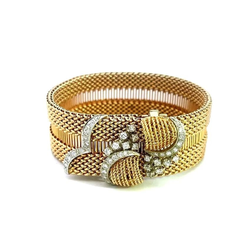 14K DIAMOND BELT MESH BRACELET 3 ROW YELLOW GOLD WIRE BUCKLE STYLE FLEX BAND (1 of 2)