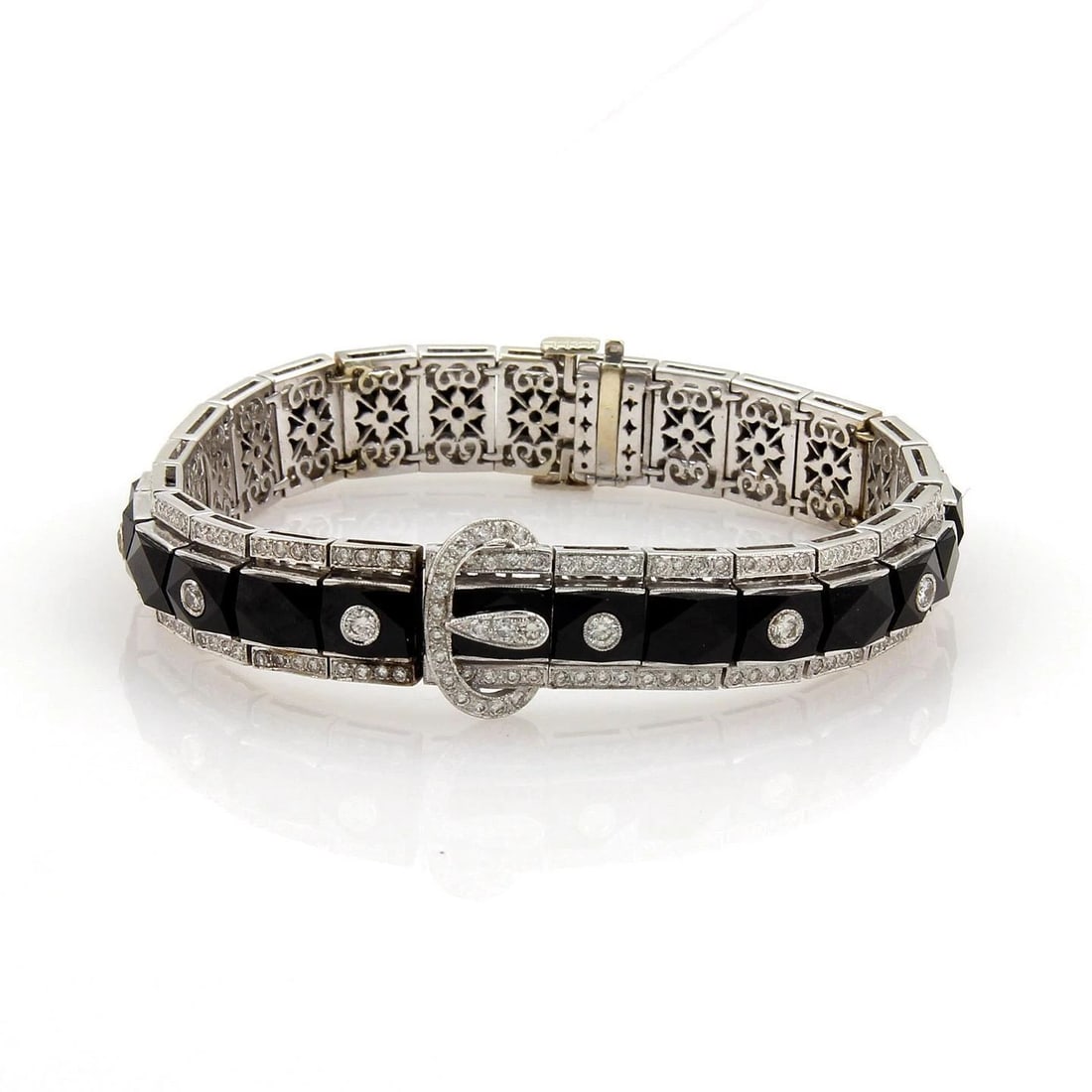 DIAMOND GOLD BRACELET FRENCH CUT ONYX 2.40CT 18K WHITE BUCKLE CLASP (1 of 2)