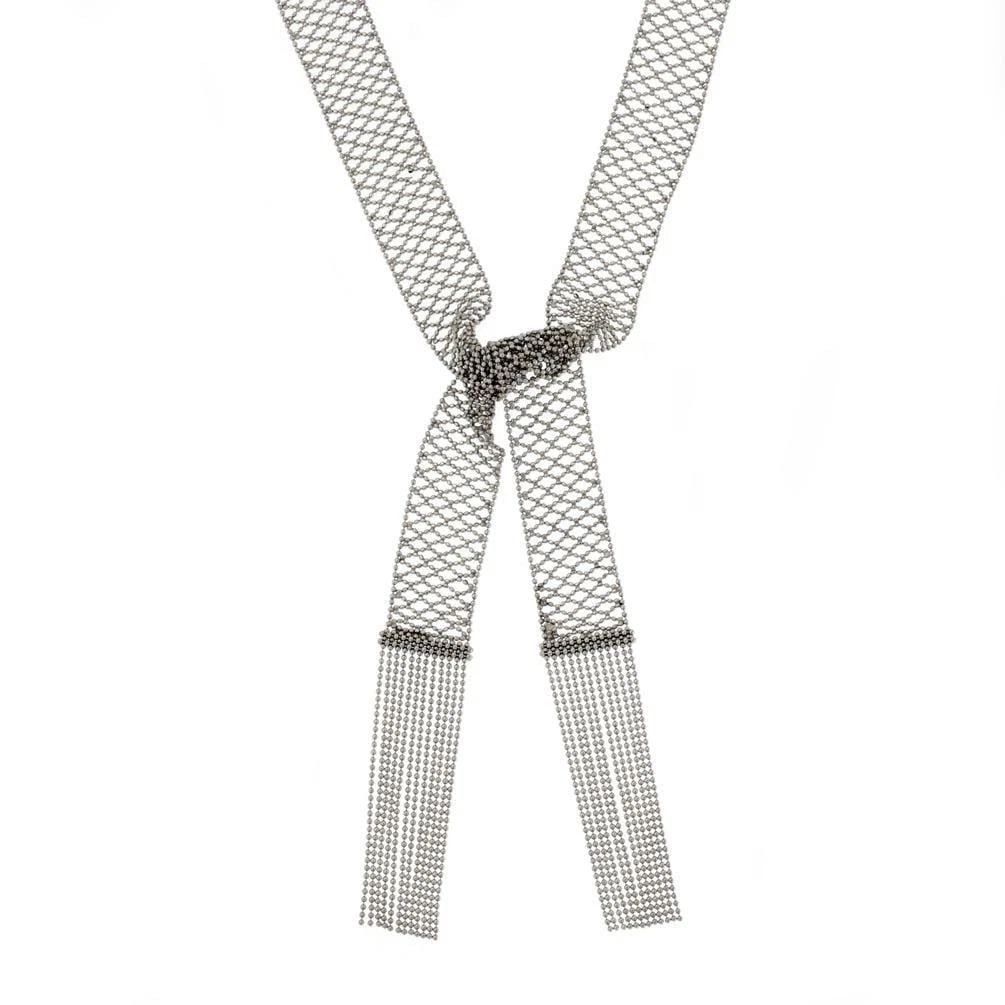 PLATINUM 15MM WIDE MESH FRINGE SCARF TIE LONG NECKLACE: PLATINUM 15MM WIDE MESH FRINGE SCARF TIE LONG NECKLACE PLATINUM 15MM WIDE MESH FRINGE SCARF TIE LONG NECKLACE Platinum 15mm Wide Mesh Fringe Scarf Tie Long Necklace Description This is a sophisticated