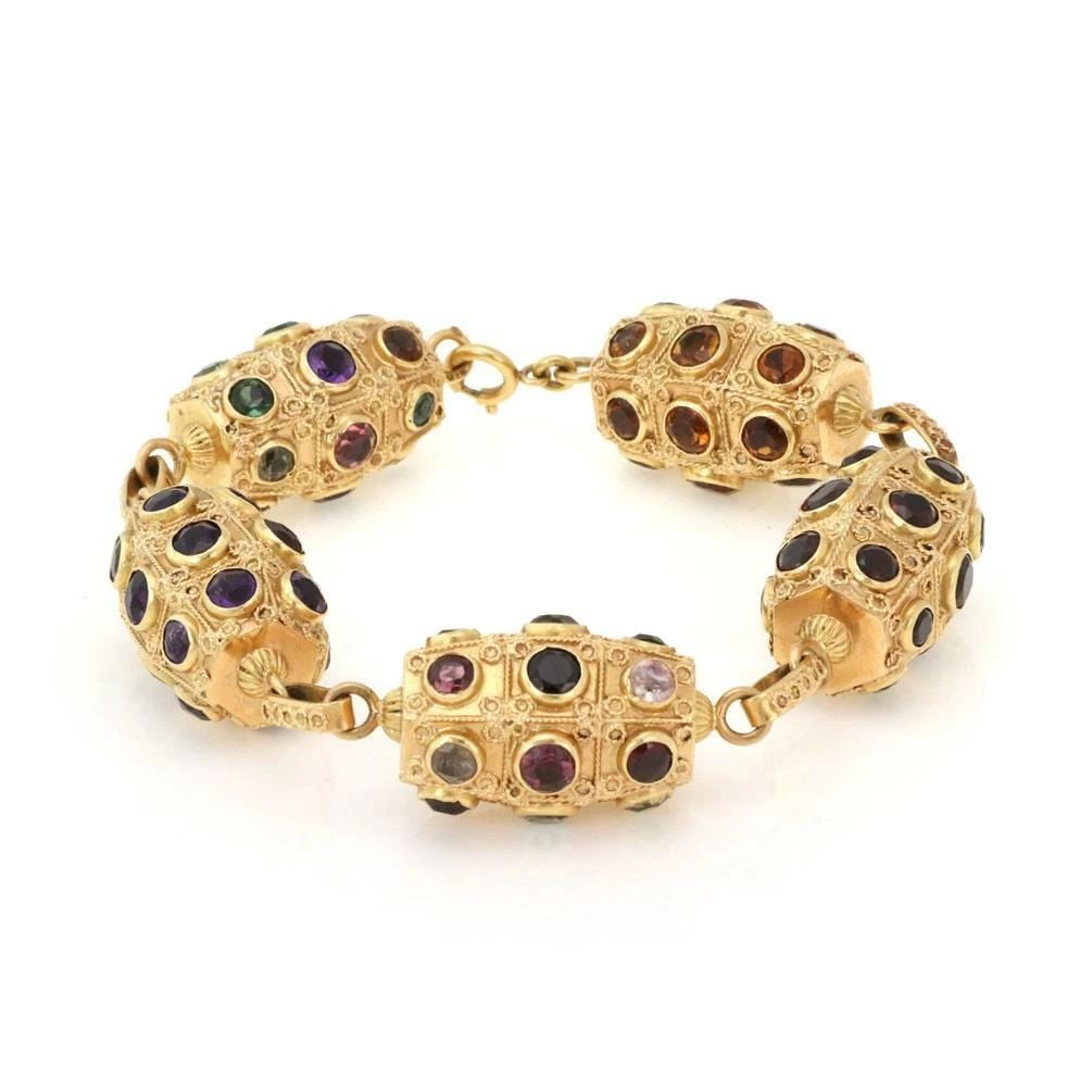 MULTICOLOR GEMS BRACELET 18K YELLOW GOLD FANCY BARREL MOTIF LINK HEAVY (1 of 2)