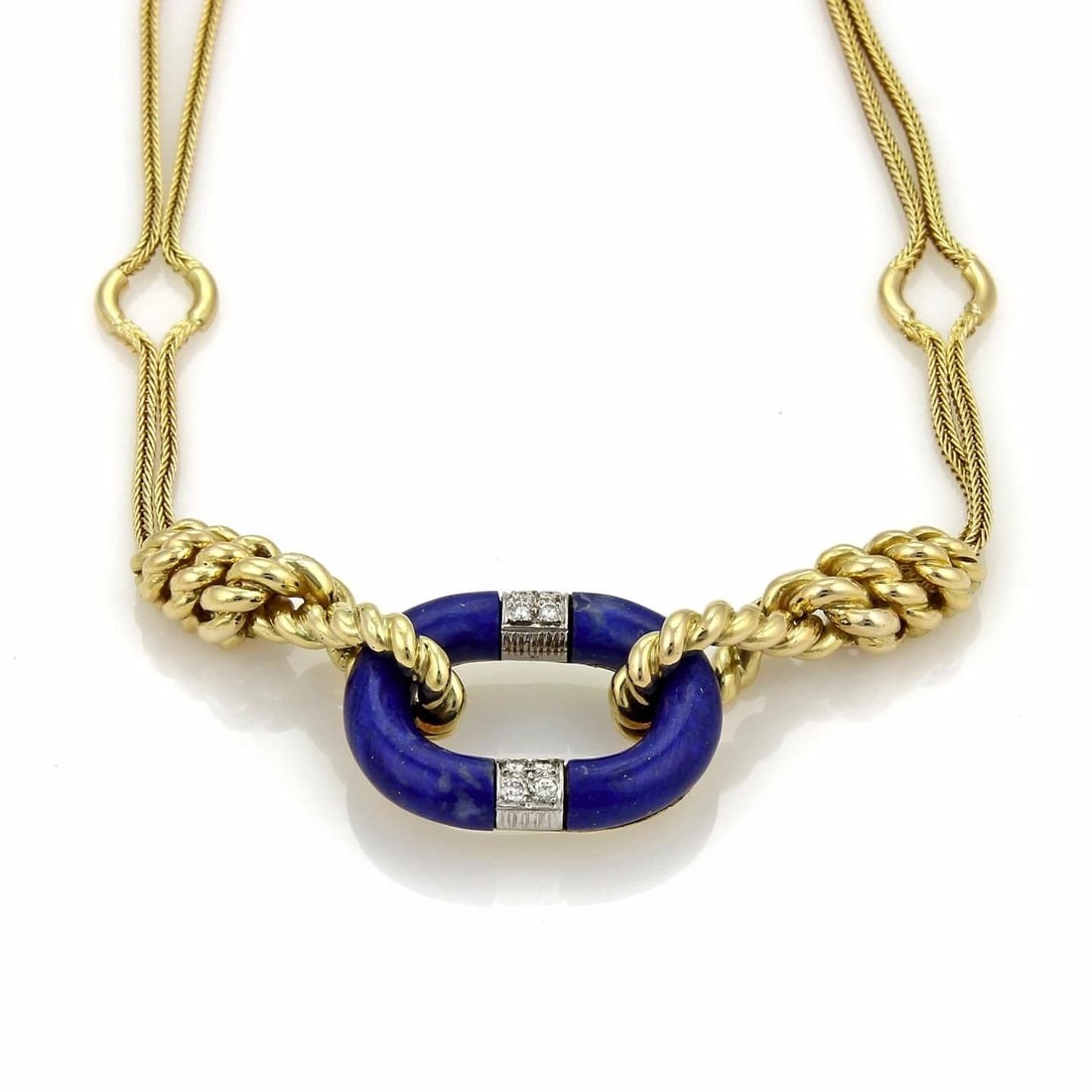 DIAMOND & LAPIS GOLD NECKLACE 18K YELLOW DOUBLE SPIGA CHAIN: DIAMOND & LAPIS GOLD NECKLACE 18K YELLOW DOUBLE SPIGA CHAIN This beautiful 18k yellow gold necklace showcases an oval ring lapis lazuli pendant accented with diamonds on white gold; it is a large size
