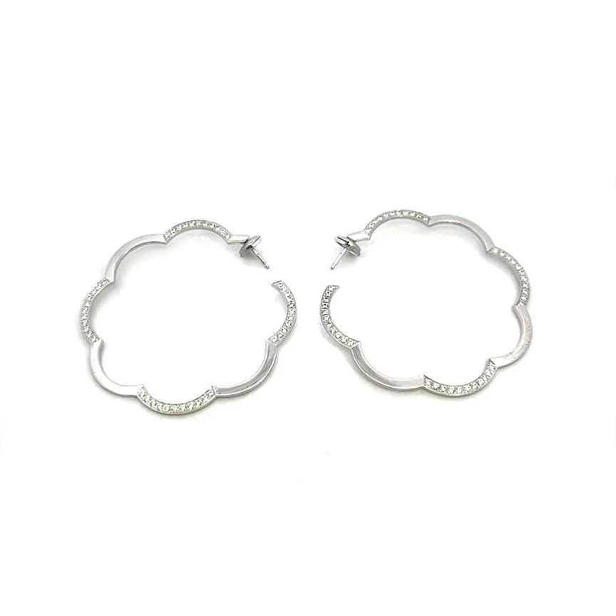 CHANEL CAMELLIA DIAMOND GOLD EARRINGS 18K WHITE FLORAL HOOP STYLE POUCH: CHANEL CAMELLIA DIAMOND GOLD EARRINGS 18K WHITE FLORAL HOOP STYLE POUCH From the Camellia Collection by CHANEL, this eye-catching large pair of flower hoop earrings features a beautiful open style cam