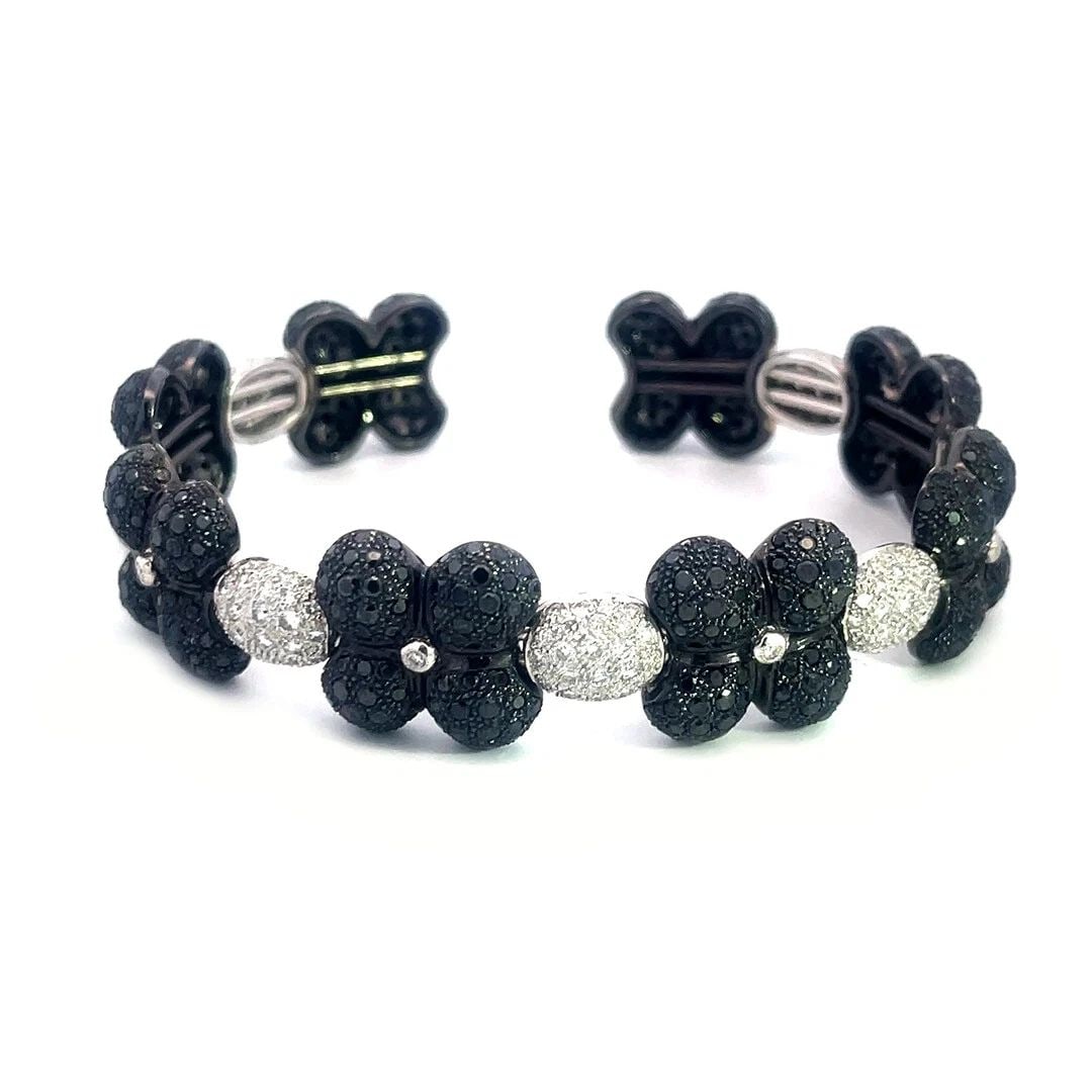 DIAMOND GOLD CUFF BRACELET 10 CARATS 18K WHITE FLORAL MOTIFS PAVE SET (1 of 2)