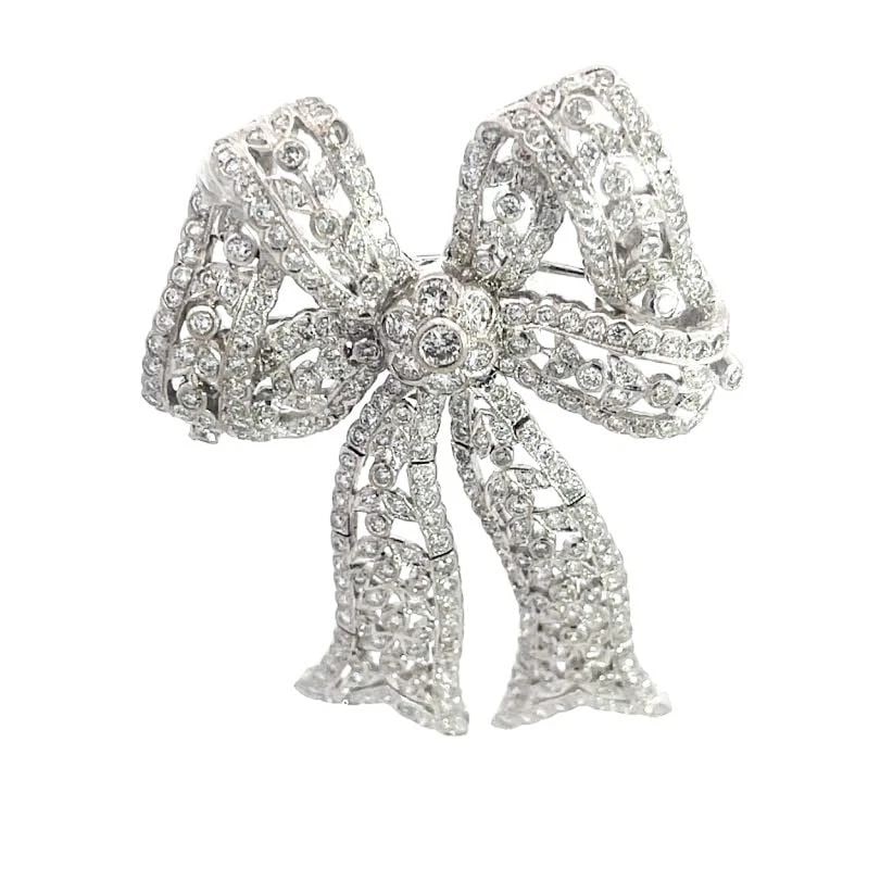 DIAMOND GOLD BROOCH VINTAGE RIBBON BOW 18K WHITE MOVABLE ENDS 4 CARAT (1 of 2)