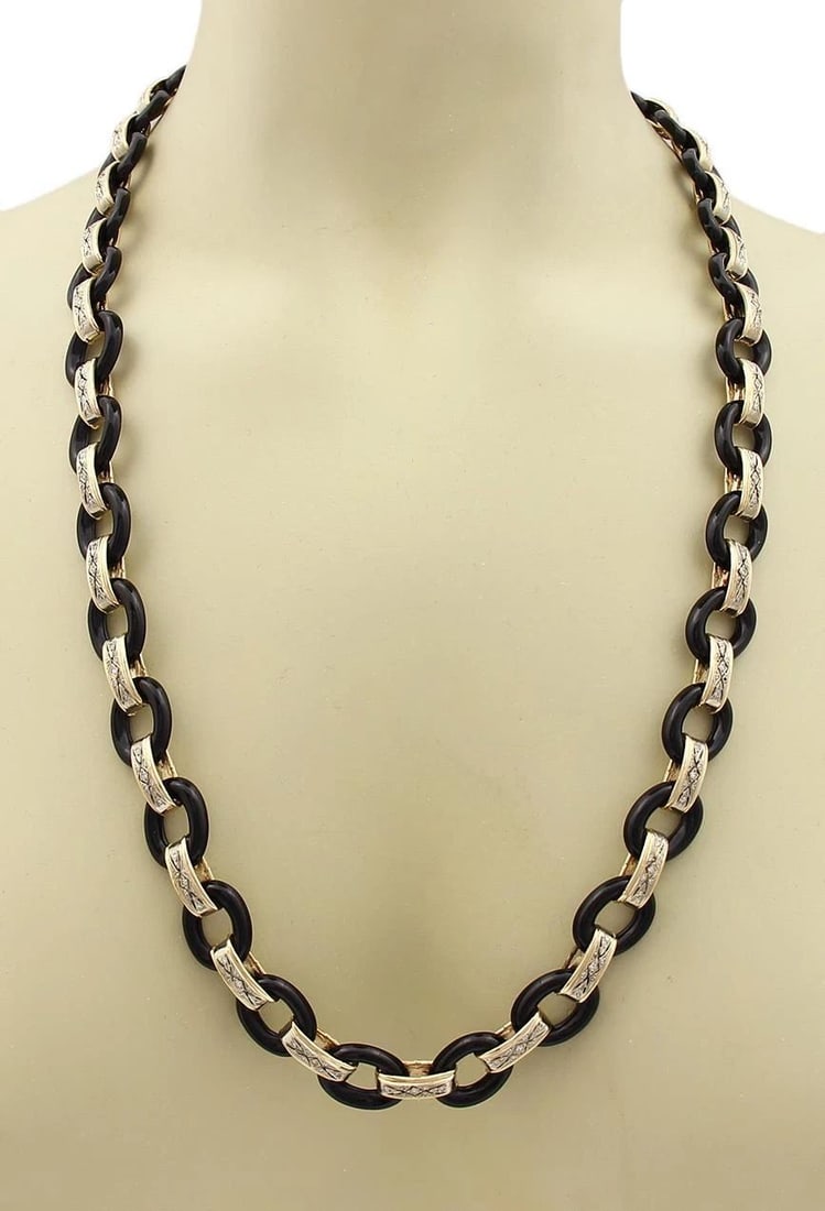 DIAMOND ONYX 14K NECKLACE TWO TONE OVAL LINK 28" LONG ELEGANT (1 of 2)