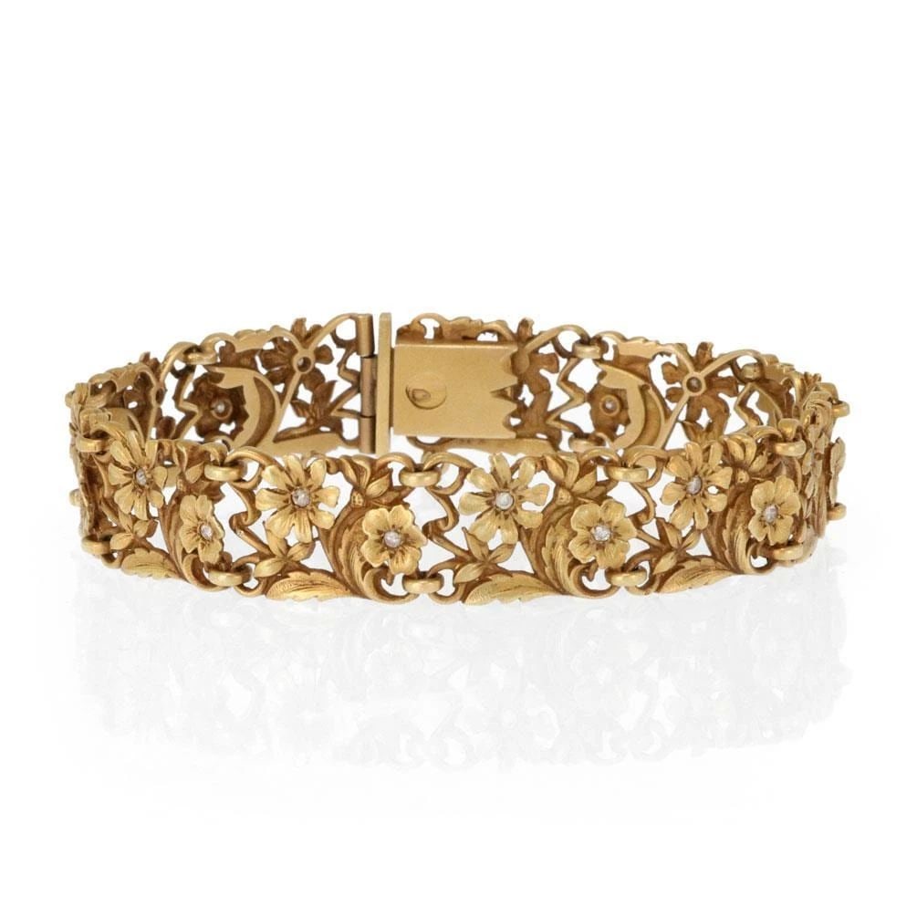 ART NOUVEAU FRENCH BRACELET DIAMOND 18K &17K YELLOW GOLD FLOWERS LEAF DESIGN (1 of 2)
