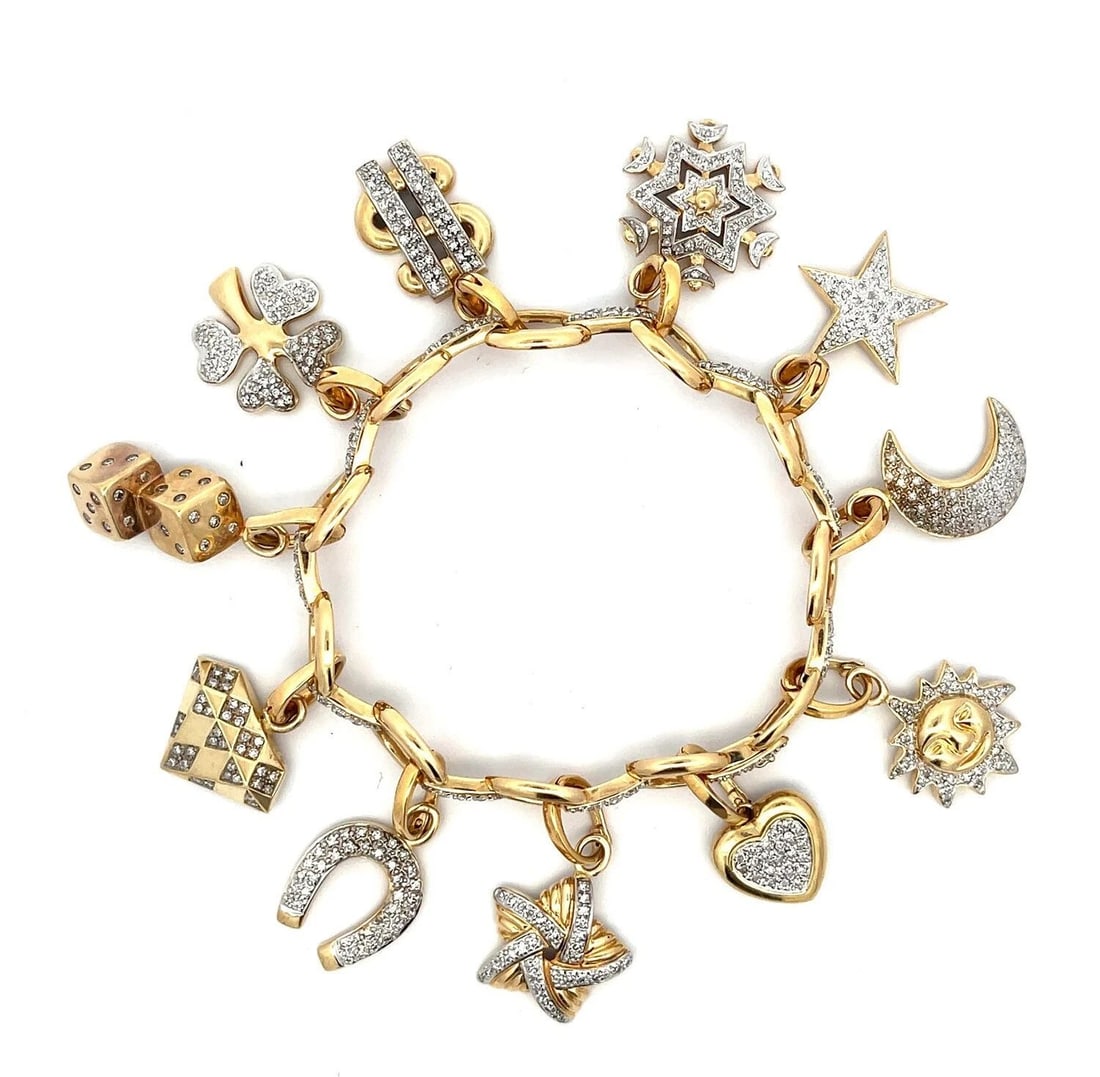 LARGE DIAMOND 14K TWO TONE GOLD 11 ASSORTED CHARMS CHAIN BRACELET (1 of 2)