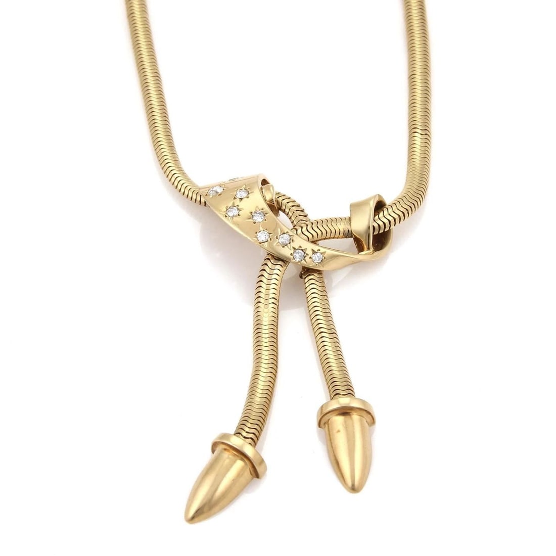 DIAMOND GOLD NECKLACE 14K RETRO TASSEL PENDANT VINTAGE: DIAMOND GOLD NECKLACE 14K RETRO TASSEL PENDANT VINTAGE This Diamond Gold Necklace features a retro tassel pendant made of 14k yellow gold. The vintage piece is adorned with a round-cut white/colorless