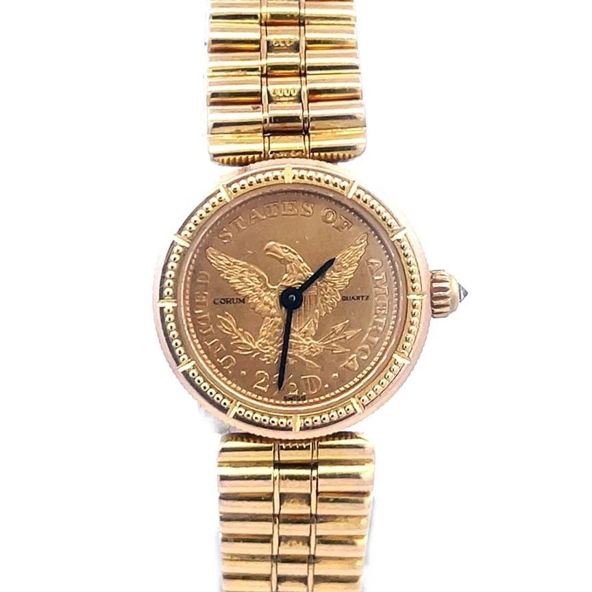 GOLD COIN CORUM WATCH 22K QUEEN'S HEAD 18K FRAME & BAND LADIES QUARTZ: GOLD COIN CORUM WATCH 22K QUEEN'S HEAD 18K FRAME & BAND LADIES QUARTZ This US 2 1/2 dollars gold coin Corum wristwatch is a luxurious timepiece designed for women, featuring a stunning 22k gold coin w