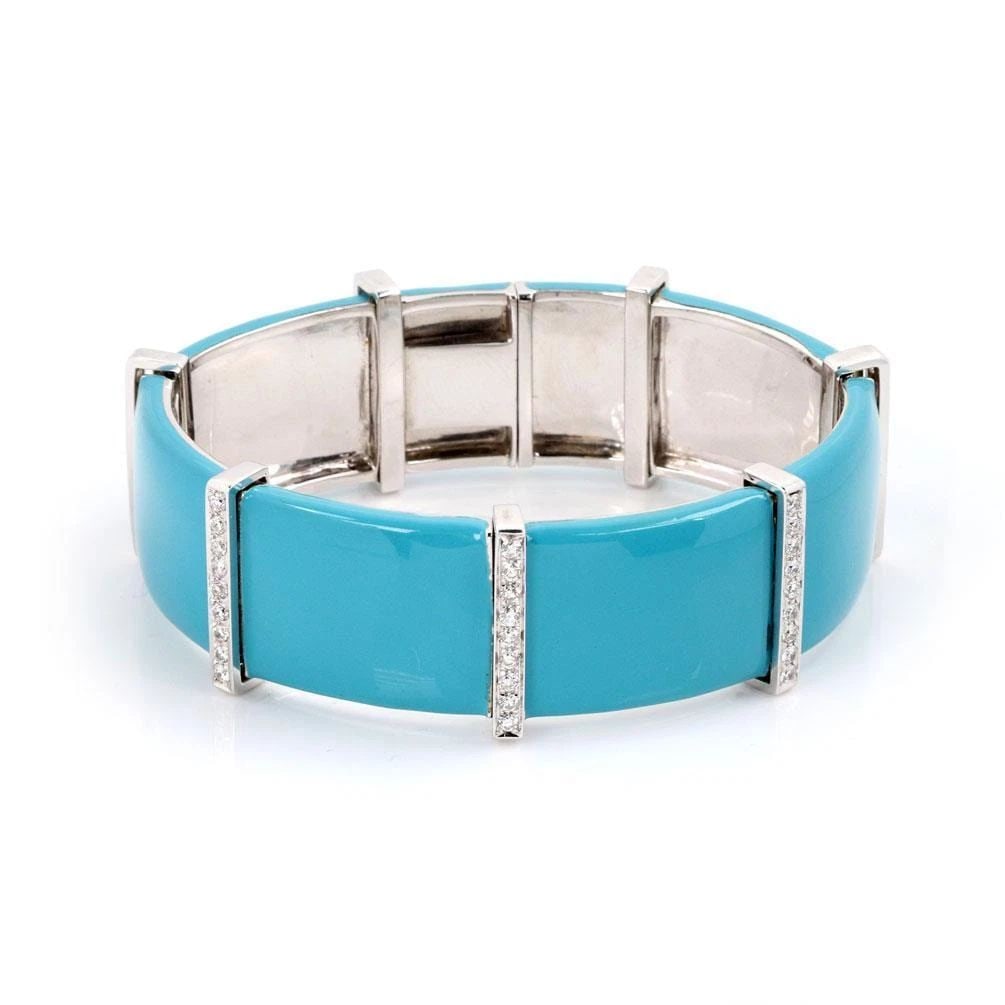MODERN 1.40CT DIAMOND TURQUOISE ENAMEL 18K WHITE GOLD WIDE BRACELET (1 of 2)
