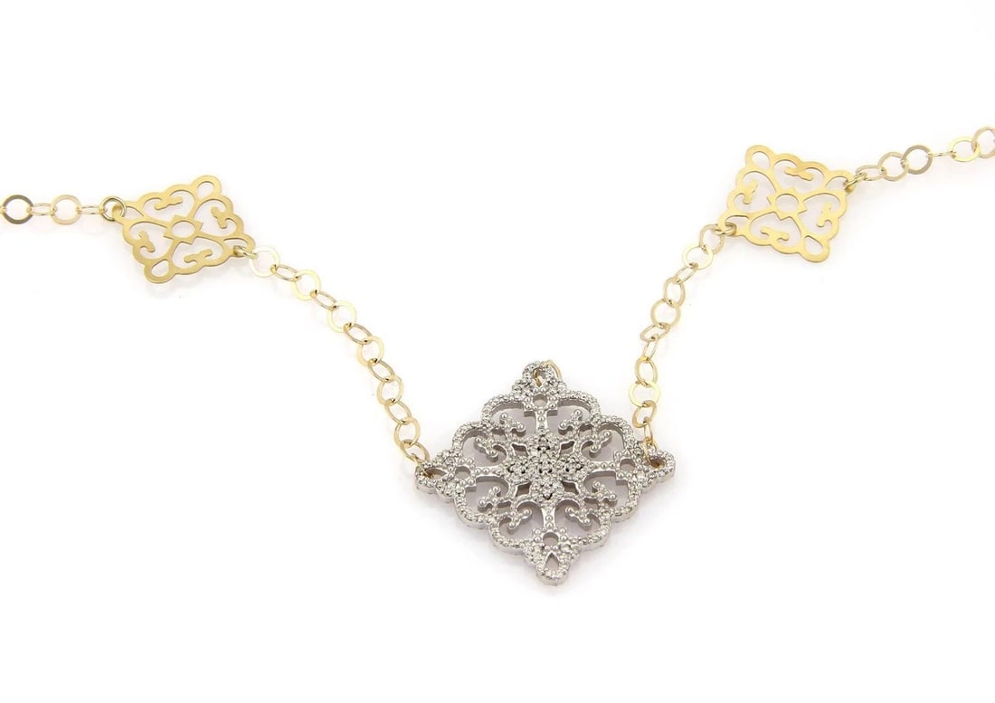 DIAMOND GOLD LONG NECKLACE 4.90CT 14K TWO TONE DOUBLE SIDE LATTICE STYLE: DIAMOND GOLD LONG NECKLACE 4.90CT 14K TWO TONE DOUBLE SIDE LATTICE STYLE This Diamond Gold Long Necklace features sparkling natural white diamonds set in 14k yellow and white gold. The double side set