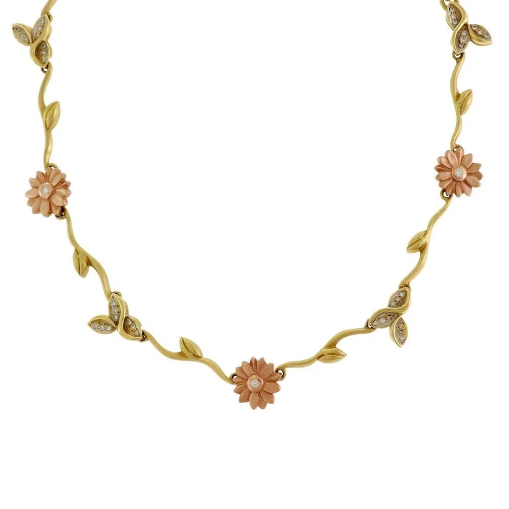 ESTATE DIAMOND 18K 14K YELLOW & ROSE GOLD FLORAL LEAF LINK COLLAR NECKLACE: ESTATE DIAMOND 18K 14K YELLOW & ROSE GOLD FLORAL LEAF LINK COLLAR NECKLACE ESTATE DIAMOND 18K 14K YELLOW & ROSE GOLD FLORAL LEAF LINK COLLAR NECKLACE Estate Diamond 18k 14k Yellow & Rose Gold Floral L