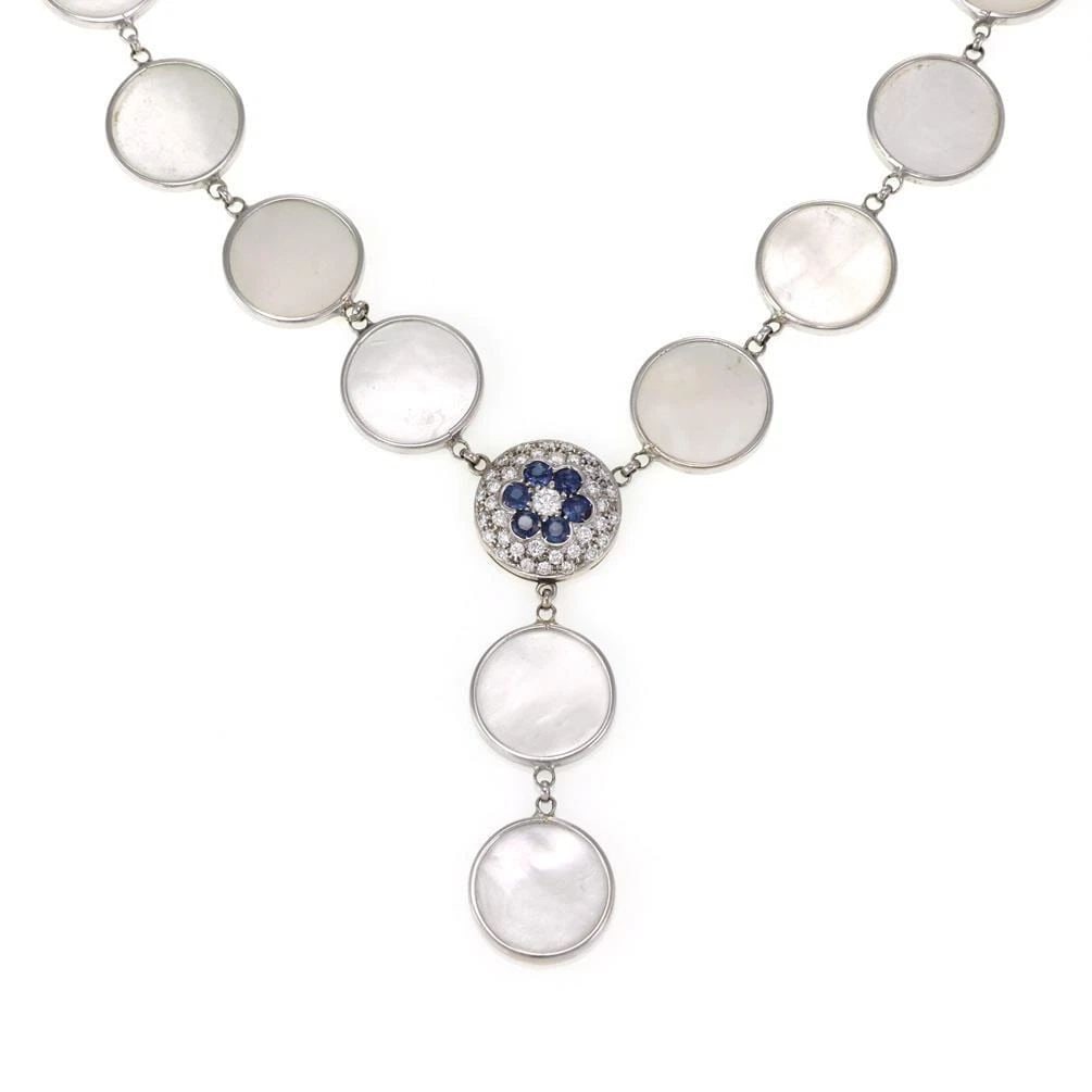 ESTATE 1.55CT DIAMOND SAPPHIRE & MOTHER OF PEARL 18K WHITE GOLD LARIAT NECKLACE: ESTATE 1.55CT DIAMOND SAPPHIRE & MOTHER OF PEARL 18K WHITE GOLD LARIAT NECKLACE ESTATE 1.55CT DIAMOND SAPPHIRE & MOTHER OF PEARL 18K WHITE GOLD LARIAT NECKLACE Estate 1.55ct Diamond Sapphire & Mother