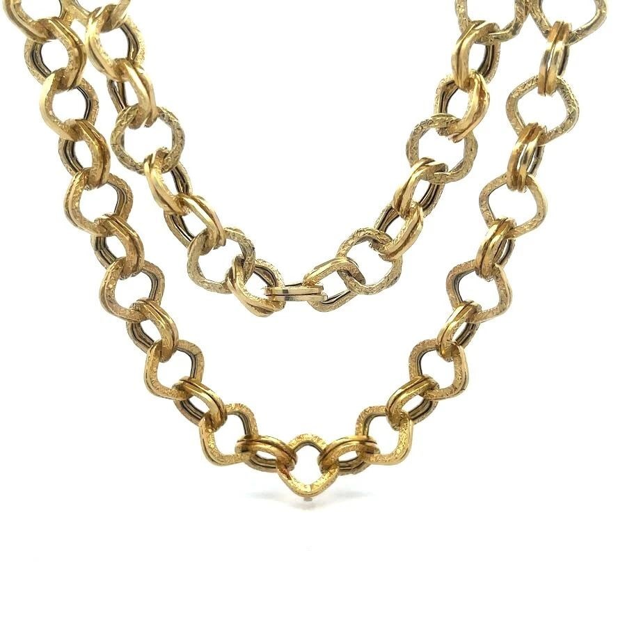 GOLD 14K CHAIN LONG NECKLACE YELLOW DOUBLE CHASING RHOMBUS STYLE LINK 36" LONG (1 of 2)