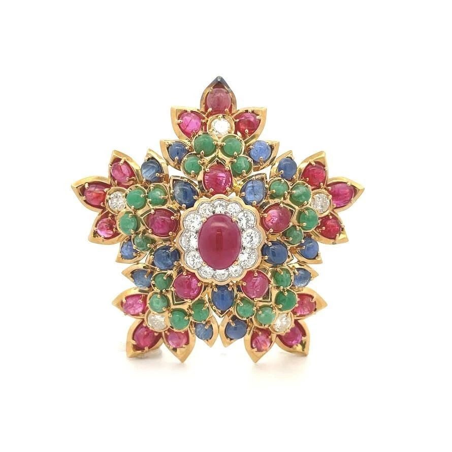 18K DIAMOND FRENCH LARGE GOLD FLORAL BROOCH PENDANT SAPPHIRE RUBY EMERALD (1 of 2)