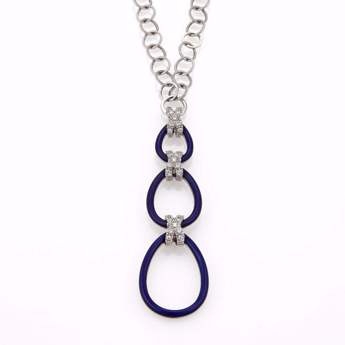 FABERGE DIAMOND GOLD NECKLACE 18K WHITE ENAMEL TRIPLE LOOP PENDANT: FABERGE DIAMOND GOLD NECKLACE 18K WHITE ENAMEL TRIPLE LOOP PENDANT The Faberge Diamond Gold Necklace is a stunning piece of fine jewelry that features a unique triple loop pendant design in blue ename