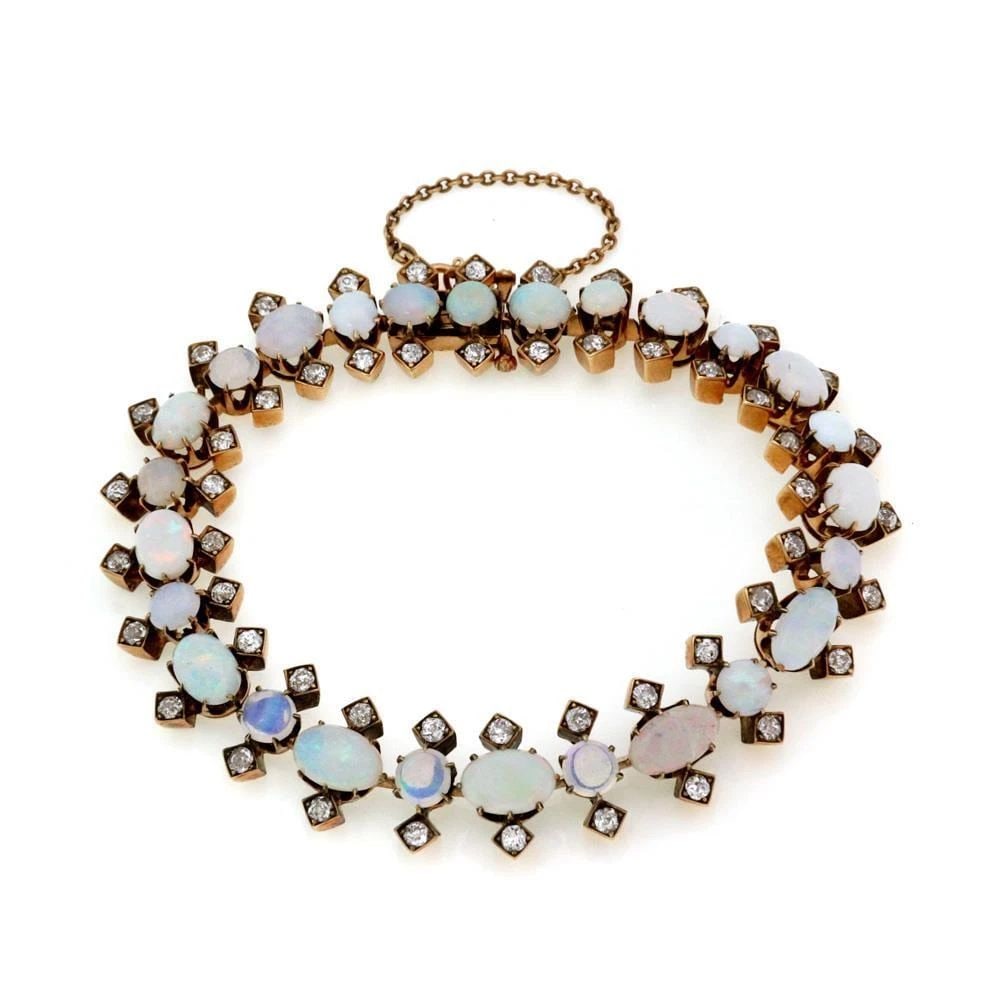 VICTORIAN 18.00CT OLD MINE CUT DIAMOND & OPAL 18K GOLD FANCY BRACELET: VICTORIAN 18.00CT OLD MINE CUT DIAMOND & OPAL 18K GOLD FANCY BRACELET VICTORIAN 18.00CT OLD MINE CUT DIAMOND & OPAL 18K GOLD FANCY BRACELET Victorian 18.00ct Old Mine Cut Diamond & Opal 18k Gold Fancy