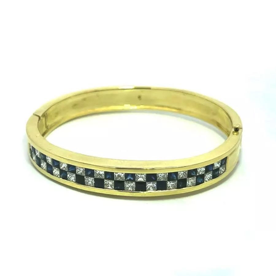 DIAMOND SAPPHIRE BRACELET 18K 4.5CT PRINCESS CUT GOLD HINGED BANGLE (1 of 2)