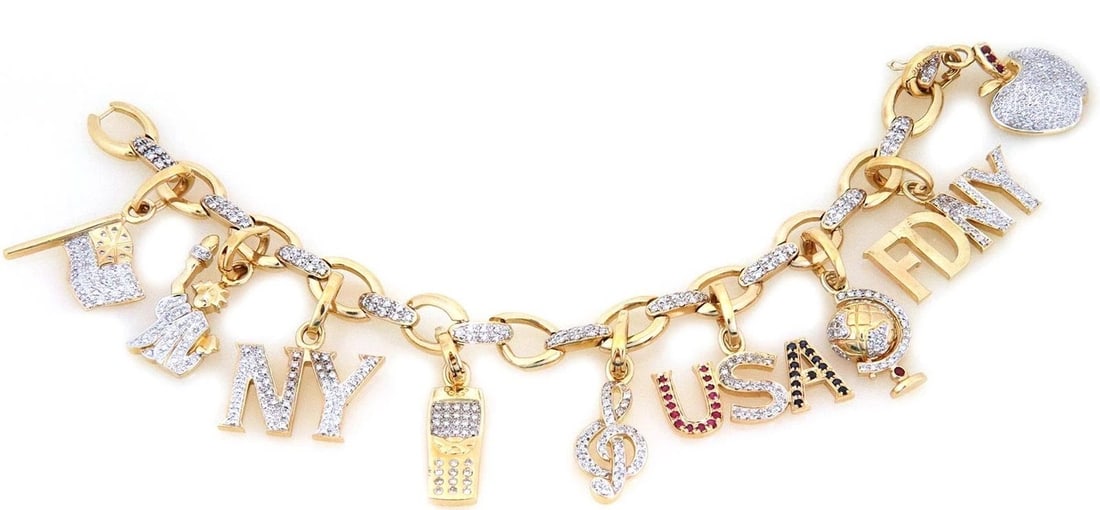 LARGE 3CT DIAMOND RUBY SAPPHIRE 14K GOLD NY 9 ICONIC CHARMS CHAIN BRACELET: LARGE 3CT DIAMOND RUBY SAPPHIRE 14K GOLD NY 9 ICONIC CHARMS CHAIN BRACELET LARGE 3CT DIAMOND RUBY SAPPHIRE 14K GOLD NY 9 ICONIC CHARMS CHAIN BRACELET Large 3ct Diamond Ruby Sapphire 14k Gold NY 9 Icon
