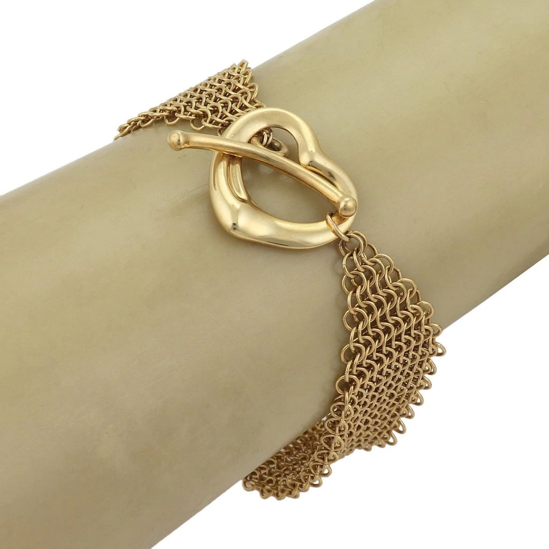 TIFFANY & CO PERETTI GOLD BRACELET 18K YELLOW OPEN HEART CHAIN TOGGLE CLASP: TIFFANY & CO PERETTI GOLD BRACELET 18K YELLOW OPEN HEART CHAIN TOGGLE CLASP TIFFANY & CO PERETTI 18K YELLOW GOLD OPEN HEART TOGGLE CLASP MESH CHAIN BRACELET Tiffany & Co Peretti 18k Yellow Gold Open H