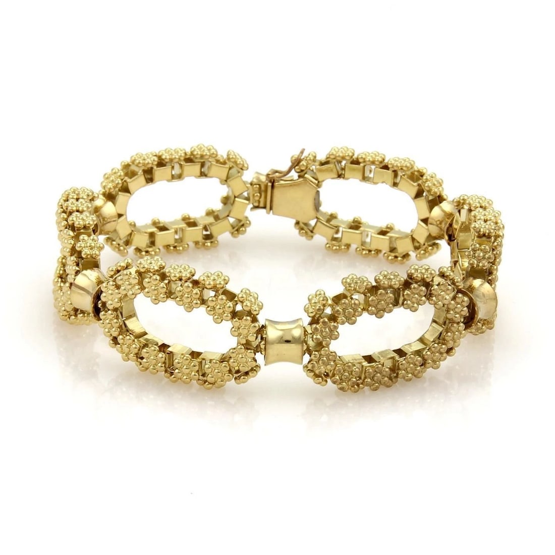 GOLD 18K OVAL BRACELET BEADED ROSETTE STYLE LARGE LINK (1 of 2)
