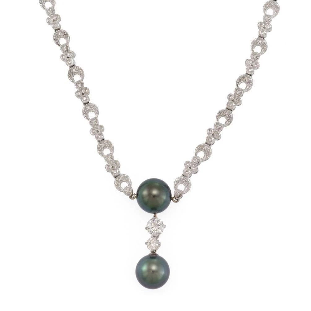 STUNNING 3CT DIAMOND TAHITIAN PEARL 14K WHITE GOLD FANCY NECKLACE: STUNNING 3CT DIAMOND TAHITIAN PEARL 14K WHITE GOLD FANCY NECKLACE STUNNING 3CT DIAMOND TAHITIAN PEARL 14K WHITE GOLD FANCY NECKLACE Stunning 3 ct Diamond Tahitian Pearl 14k White Gold Fancy Necklace D