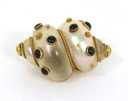 GOLD SHELL BROOCH SNAIL GEMSTONES 18K YELLOW PIN (1 of 2)