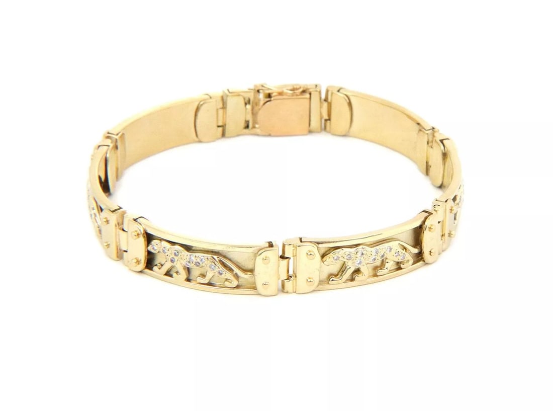 DIAMOND 14K YELLOW GOLD PANTHER BAR LINK 10MM WIDE BRACELET 8.5" LONG (1 of 2)