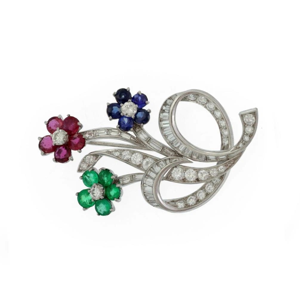 ESTATE 5.25 DIAMOND EMERALD RUBY SAPPHIRE PLATINUM FLOWER BOUQUET BROOCH (1 of 2)