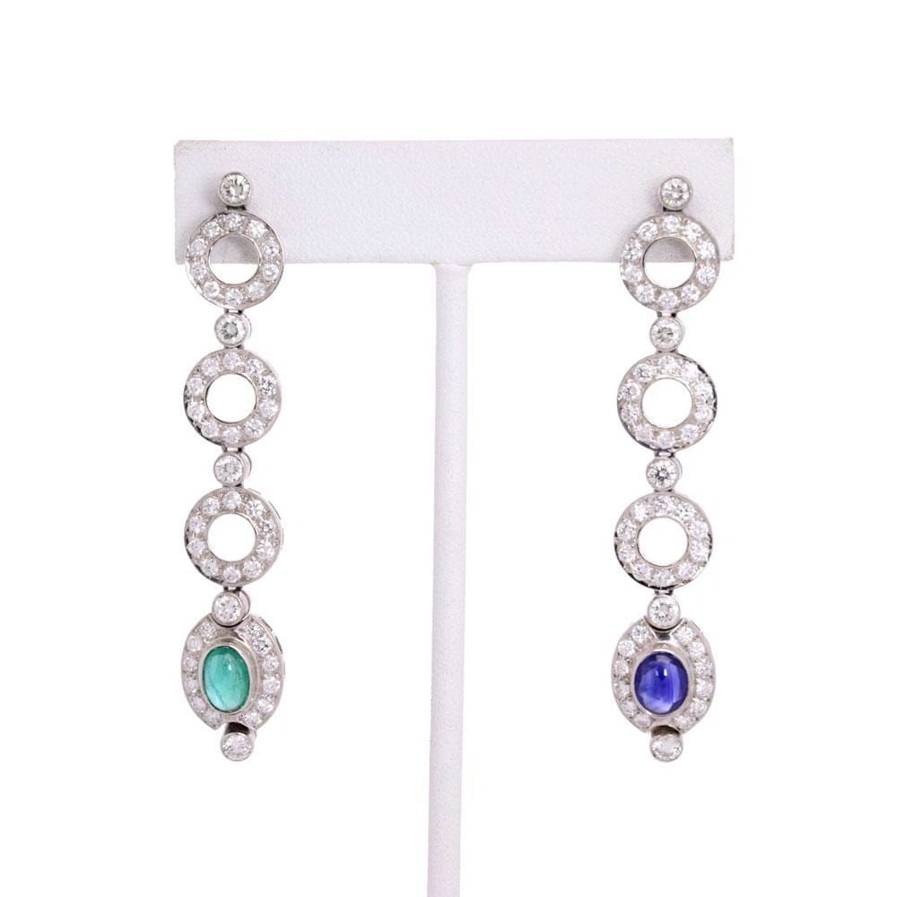 DIAMOND EMERALD SAPPHIRE EARRINGS 18K WHITE GOLD DROP DANGLE DRESS EARRINGS (1 of 2)
