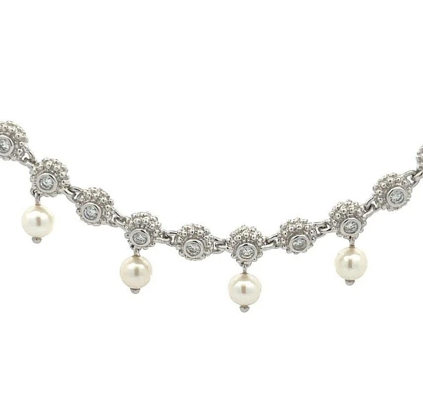 DIAMOND PEARLS 18K WHITE GOLD ETRUSCAN BEAD LINK COLLAR NECKLACE: DIAMOND PEARLS 18K WHITE GOLD ETRUSCAN BEAD LINK COLLAR NECKLACE DIAMOND PEARLS 18K WHITE GOLD ETRUSCAN BEAD LINK COLLAR NECKLACE This is a lovely evening attire necklace, it is crafted from 18k white