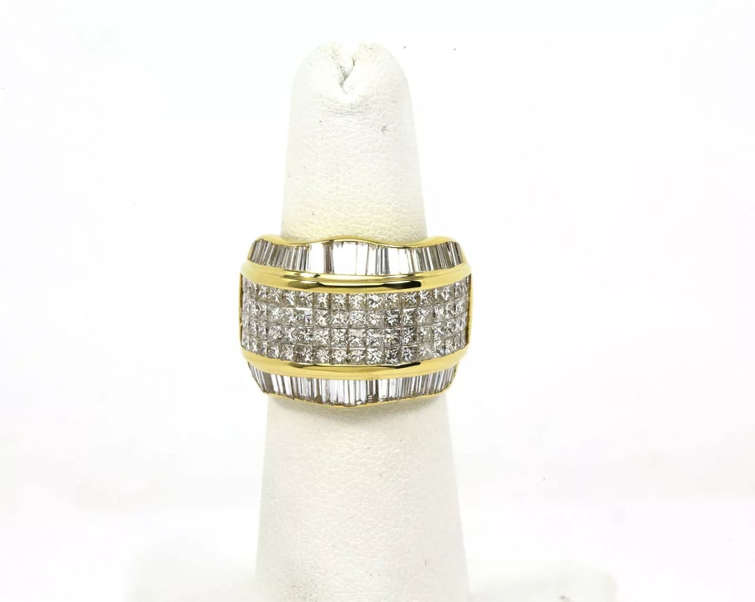 PRINCESS DIAMOND GOLD RING 18K YELLOW BAGUETTES WIDE DOME STYLE (1 of 2)