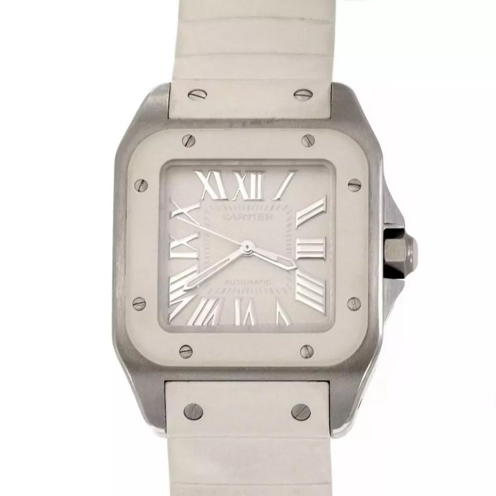 CARTIER SANTOS 100 AUTOMATIC STEEL WHITE RUBBER BAND MIDSIZE WATCH 2878 (1 of 2)