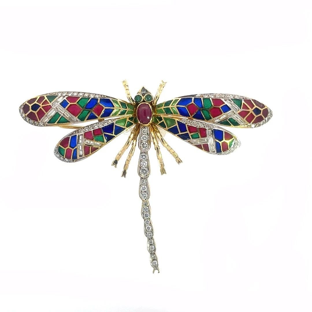 DIAMOND PLIQUE-À-JOUR 18K BROOCH DRAGONFLY GEMSTONE ENAMEL YELLOW GOLD (1 of 2)
