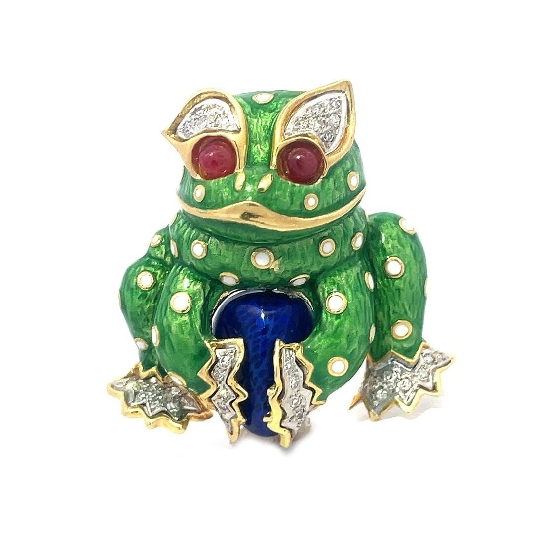 DIAMOND RUBY GOLD FROG BROOCH ENAMEL VINTAGE 18K YELLOW (1 of 2)
