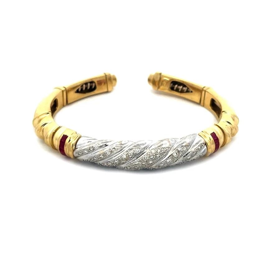 DIAMOND GOLD CUFF BRACELET RUBY 18K TWO TONE PAVE SET (1 of 2)