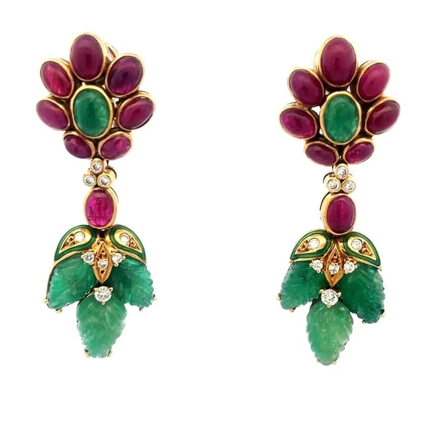 RUBY EMERALD GOLD EARRINGS 17K YELLOW DIAMOND FLORAL DANGLE STYLE (1 of 2)