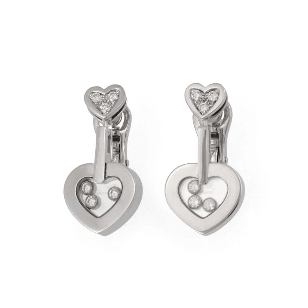 CHOPARD HAPPY DIAMOND EARRINGS 18K WHITE GOLD DROP DOUBLE HEARTS (1 of 2)