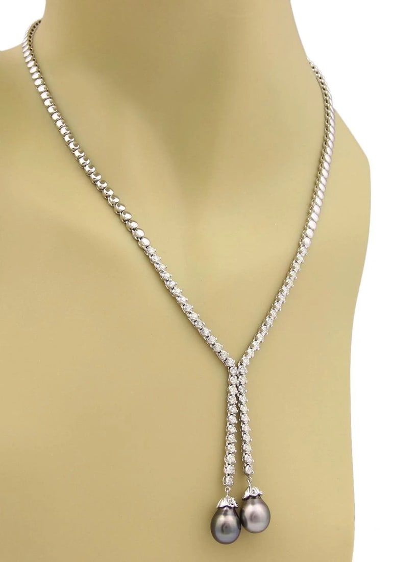 DIAMOND GOLD NECKLACE 14K WHITE 1.50CT DOUBLE LARIAT PENDANT ESTATE BEAD STYLE (1 of 2)