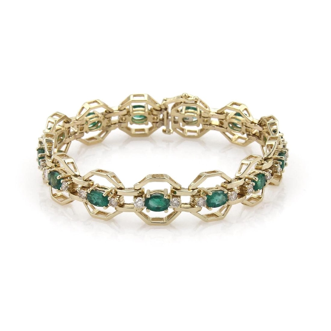 ESTATE 7.90CTW DIAMOND & EMERALD 14K YELLOW GOLD OCTAGON LINK BRACELET: ESTATE 7.90CTW DIAMOND & EMERALD 14K YELLOW GOLD OCTAGON LINK BRACELET ESTATE 7.90CTW DIAMOND & EMERALD 14K YELLOW GOLD OCTAGON LINK BRACELET Estate 7.90ctw Diamond & Emerald 14k Yellow Gold Octagon L