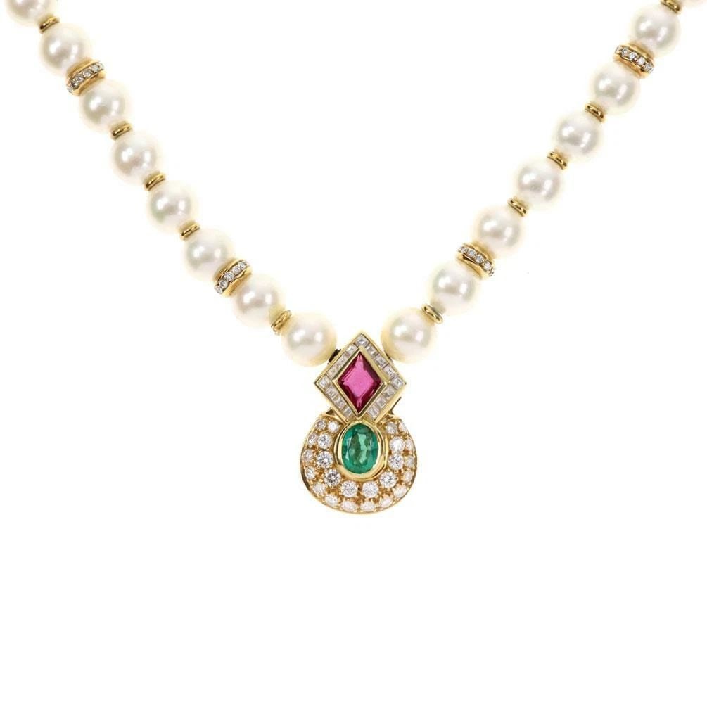 EMERAL RUBY DIAMOND 18K YELLOW GOLD PENDANT PEARL DRESS NECKLACE (1 of 2)
