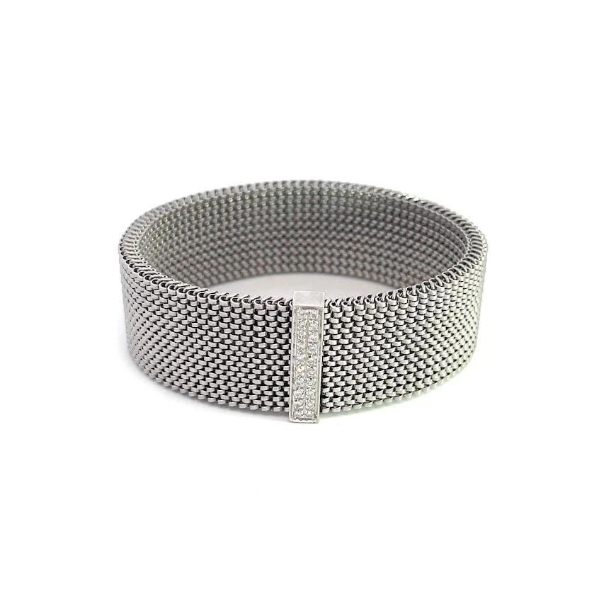 DIAMOND 18K GOLD BRACELET BAR MOTIF WIDE MESH STRETCH DESIGN: DIAMOND 18K GOLD BRACELET BAR MOTIF WIDE MESH STRETCH DESIGN DIAMOND 18K GOLD BRACELET BAR MOTIF WIDE MESH STRETCH DESIGN This chic fashionable bracelet is crafted from 18k white gold featuring an 18m