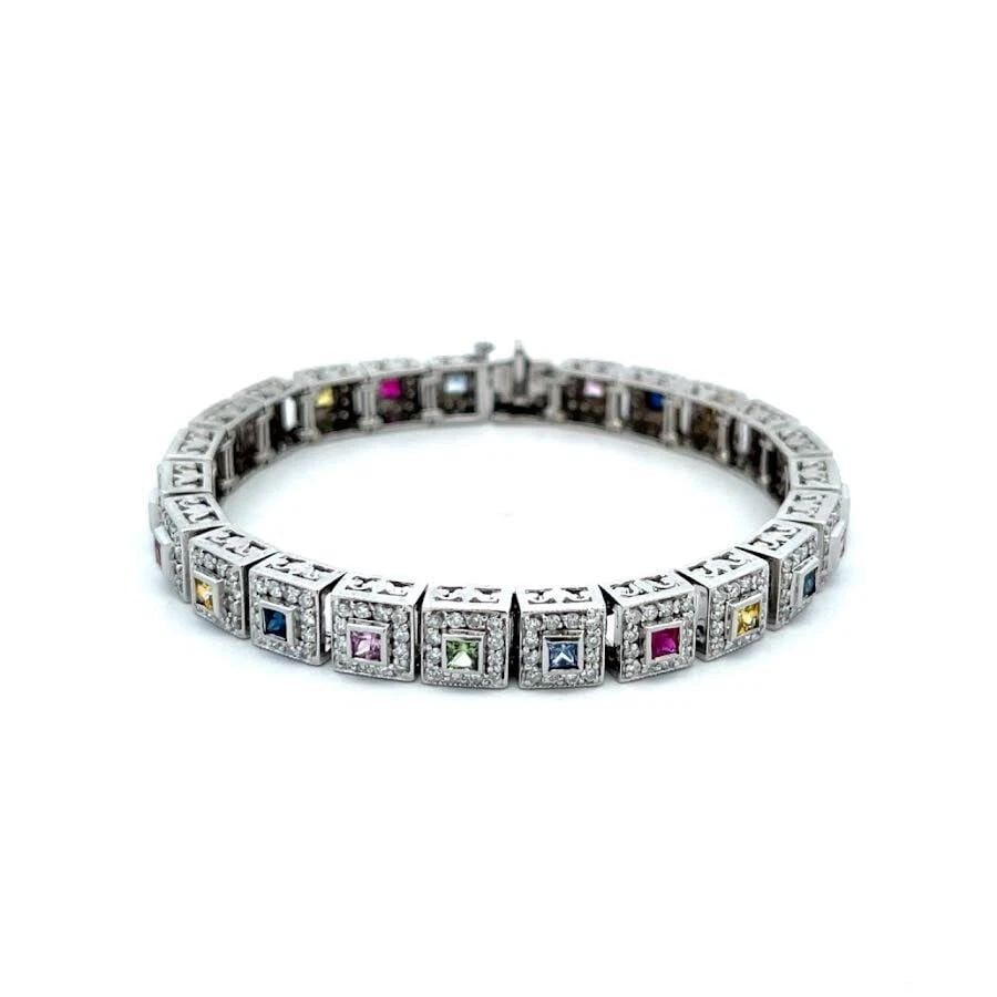 DIAMOND BRACELET RAINBOW SAPPHIRES 14K WHITE GOLD SQUARE LINK: DIAMOND BRACELET RAINBOW SAPPHIRES 14K WHITE GOLD SQUARE LINK DIAMOND BRACELET RAINBOW SAPPHIRES 14K WHITE GOLD SQUARE LINK This beautiful 7mm wide cube link bracelet is crafted from 14k white gold fl