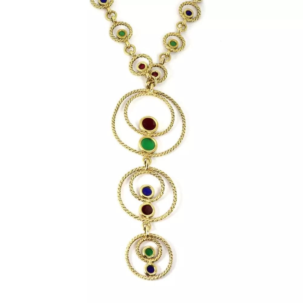 VINTAGE 18K YELLOW GOLD MULTICOLOR ENAMEL FANCY CIRCLE LINK LARIAT NECKLACE: VINTAGE 18K YELLOW GOLD MULTICOLOR ENAMEL FANCY CIRCLE LINK LARIAT NECKLACE VINTAGE 18K YELLOW GOLD MULTICOLOR ENAMEL FANCY CIRCLE LINK LARIAT NECKLACE Vintage 18k Yellow Gold Multicolor Enamel Fancy